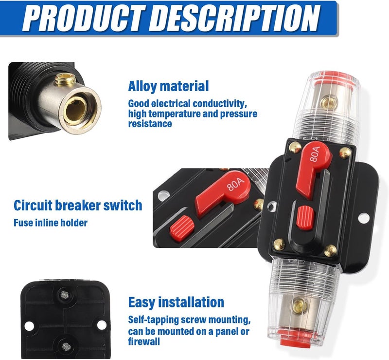 BOJACK 80A Audio Inline Circuit Breaker Reset Fuse Holder 12-24V DC Manual Reset Fuse Holder 3-15 AWG Overload Protection for Car Audio Sound Amplifier System RV Marine Boat Truck Solar Inverter - Image 3